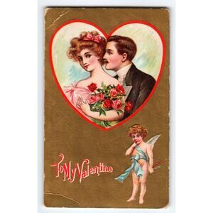 Valentine Postcard Cupid Angel Lovers Man Women Heart Roses Vintage Antique